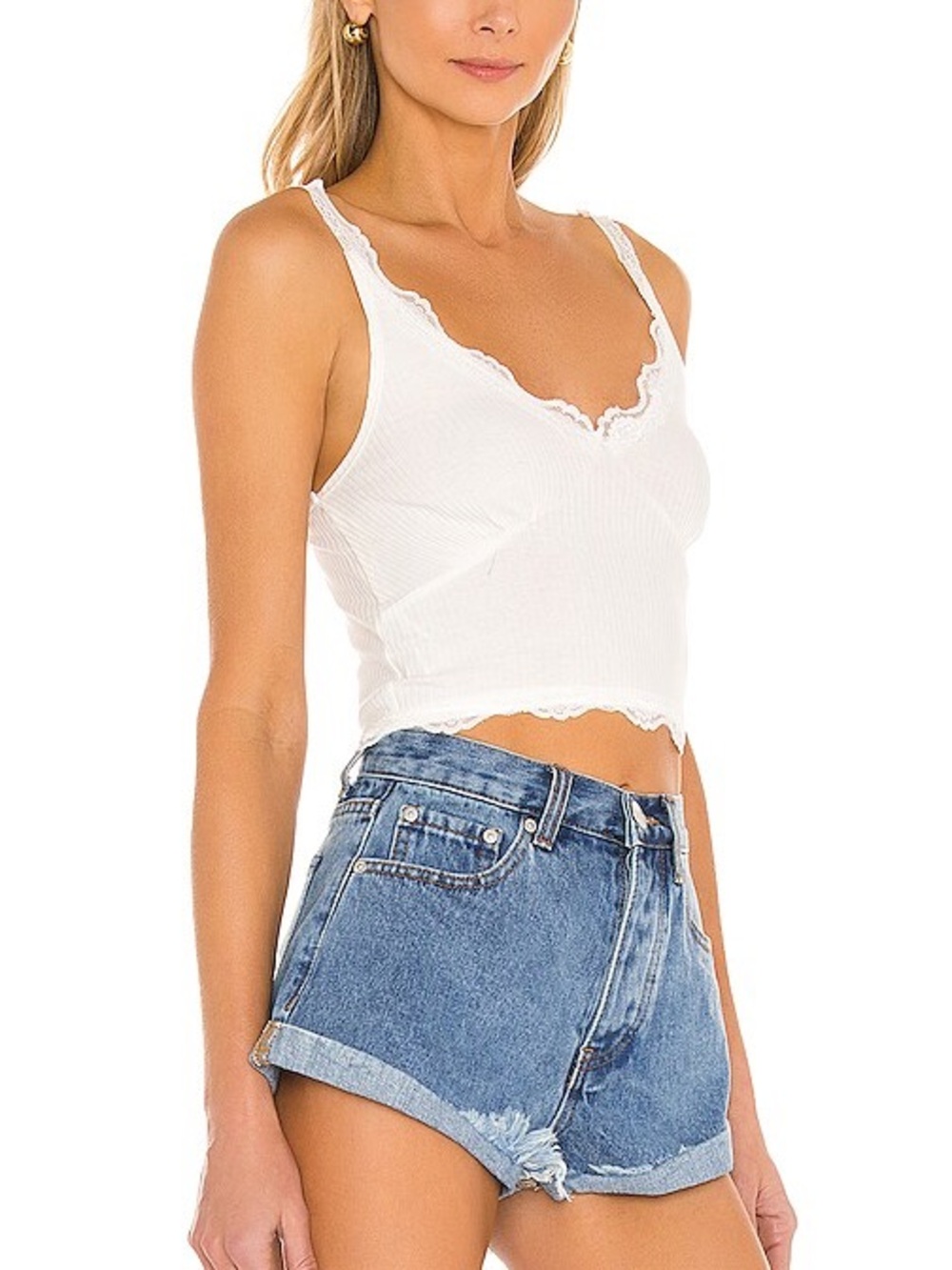 Superdown Lace Trim Ribbed V-Neck Tank Top White Small